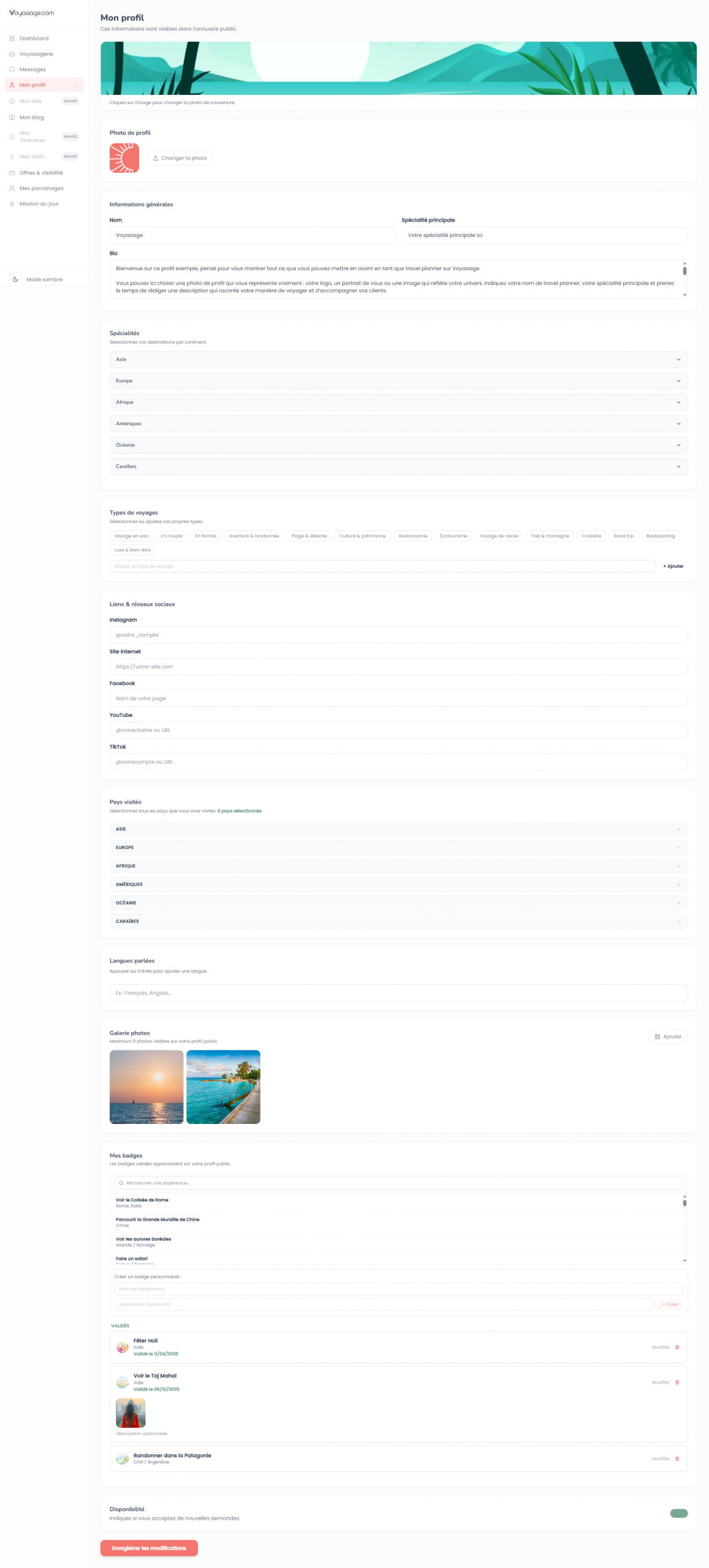 Dashboard travel planner Voyaaage